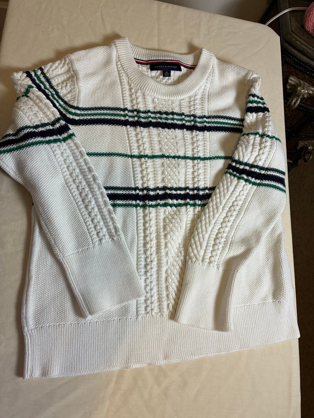 Tommy Hilfiger Cable Knit Sweater Mens XL White Striped Crewneck Classic Preppy
